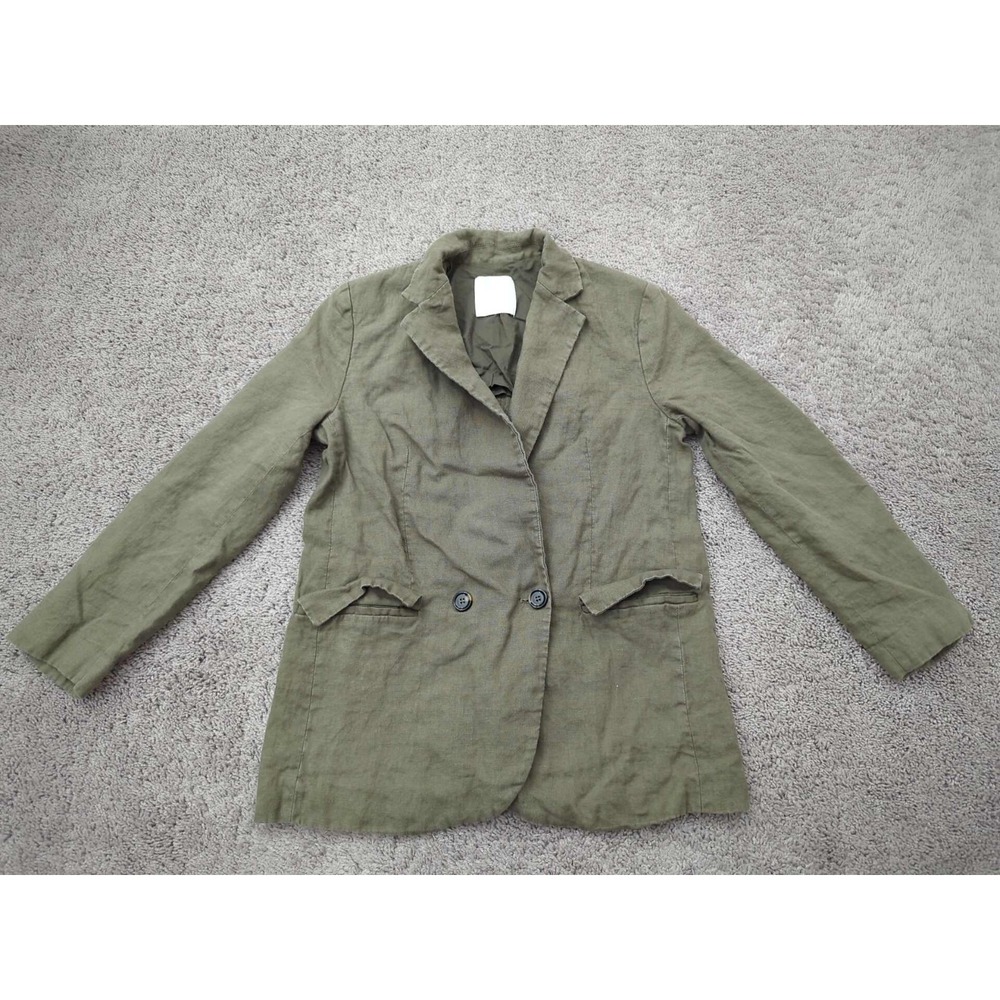 Mango Blazer Womens Medium Green Double Breasted 100% Linen Workwear Casual